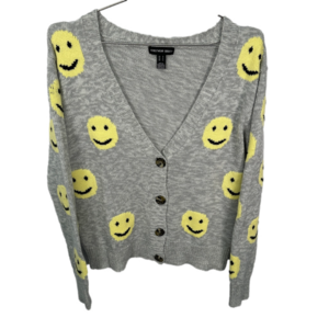 Grey Button Up Smiley‎ Face Graphic Cardigan Sweater Small
